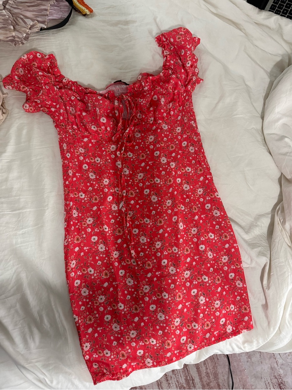 Red Floral Ruffle-Sleeve Women's Dress
